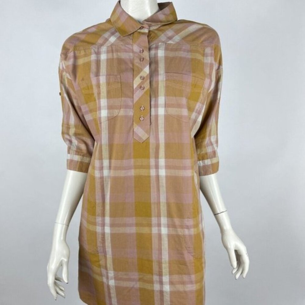 Prana Deryn Dress Women M EUC Button-Up Pockets Organic Cotton Collared Plaid